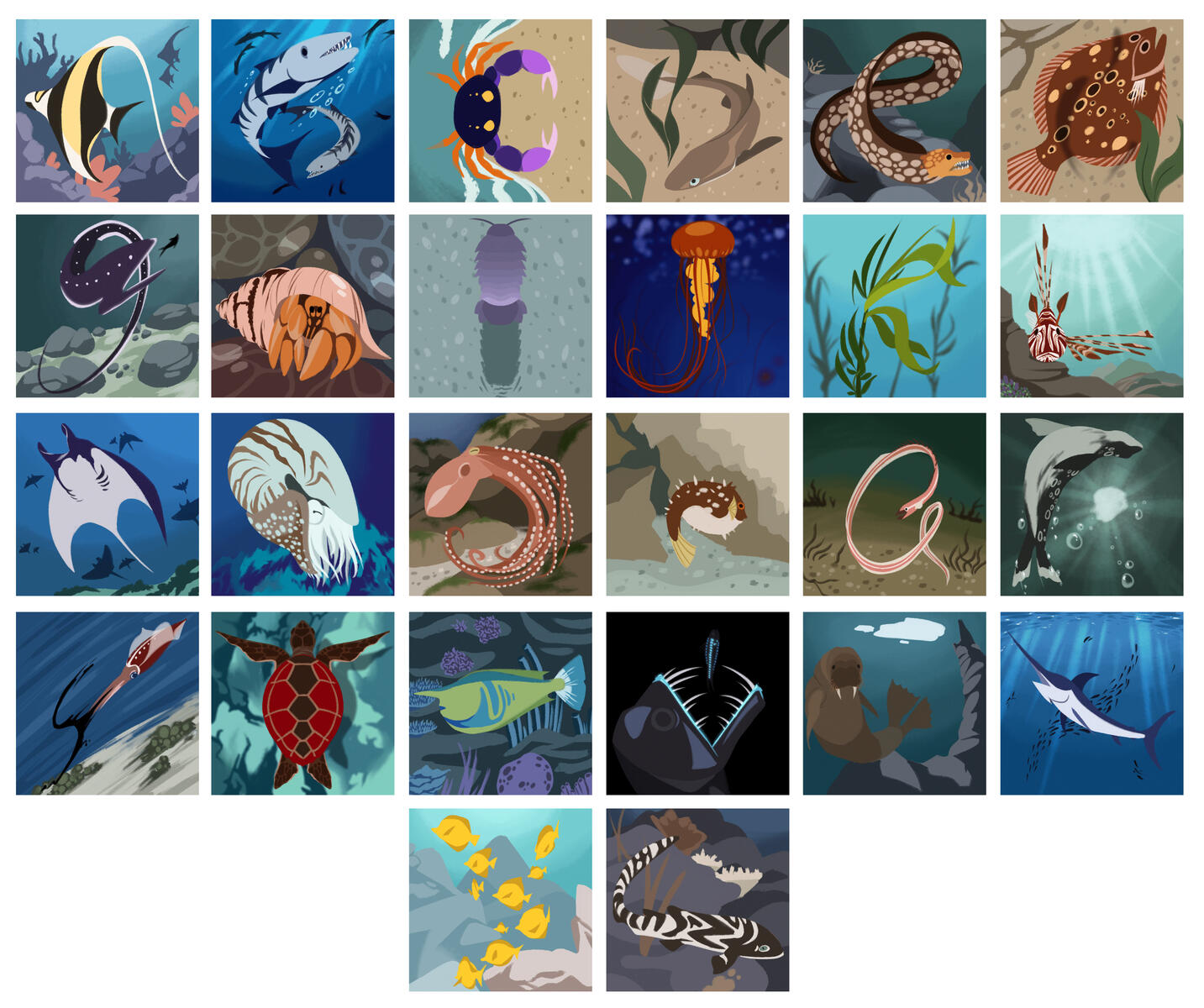 The alphabet illustrated as various sea life